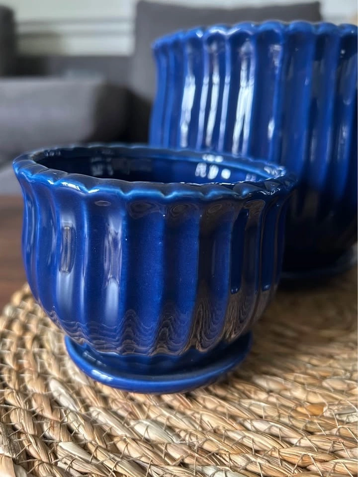 Set of 3 Cobalt Blue Ceramic Planters with Saucers - photo 3