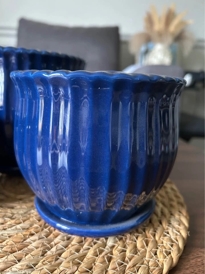 Set of 3 Cobalt Blue Ceramic Planters with Saucers - photo 4