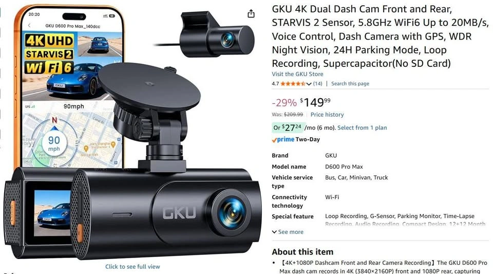 4K Dual Dash Cam Front and Rear – STARVIS 2, WiFi6, GPS - photo 2