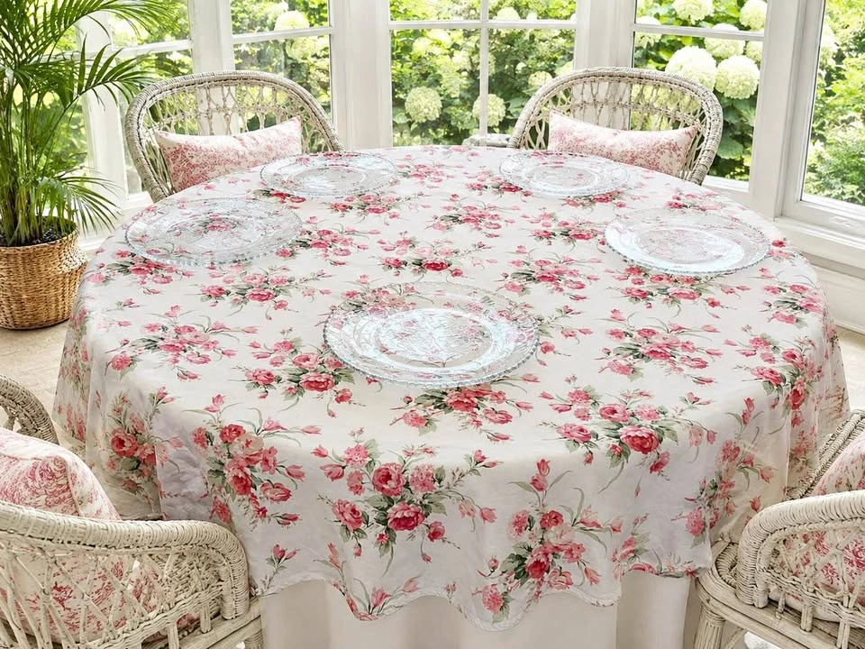 Table Cloth Pink Vintage Roses Round 67”
