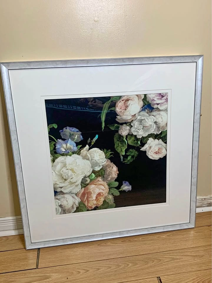 Large Framed Floral Wall Art – Silver Frame – Ready to Hang
