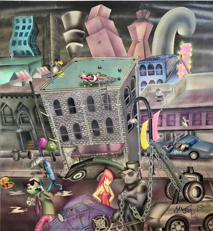 Oliver's Town, acrylic on board, wood frame, by George Oliver