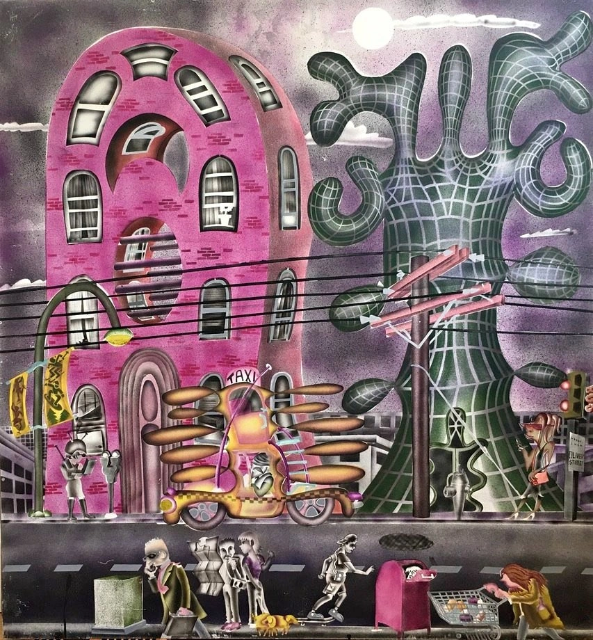 Taxi, acrylic on board, wood frame, by the late George Oliver