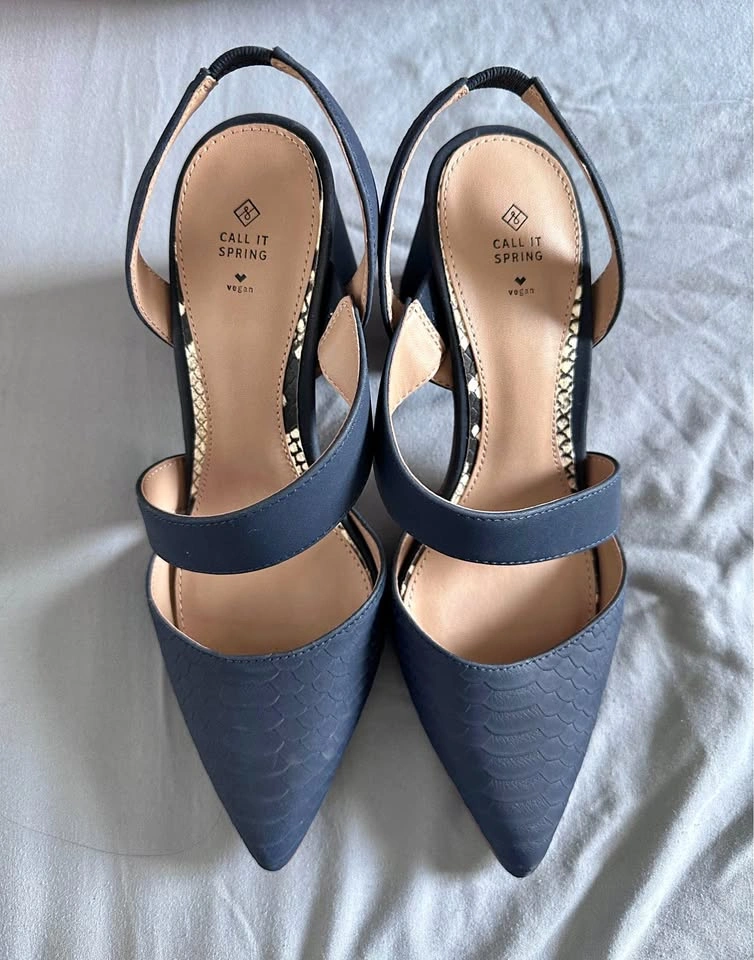 Call It Spring Navy Blue Block Heel Slingback Pumps