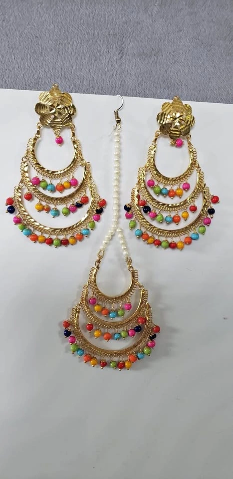 Traditional Punjabi Multicolour Jago Earrings & Tikka Set