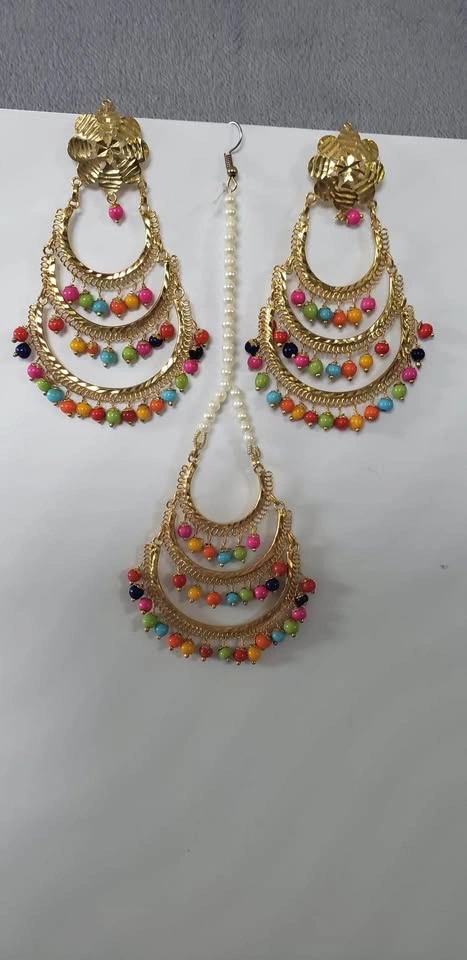 Traditional Punjabi Multicolour Jago Earrings & Tikka Set - photo 5