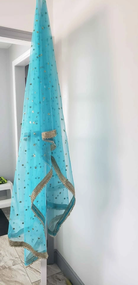Blue Net Dupatta with Golden Sequin Embroidery - photo 3