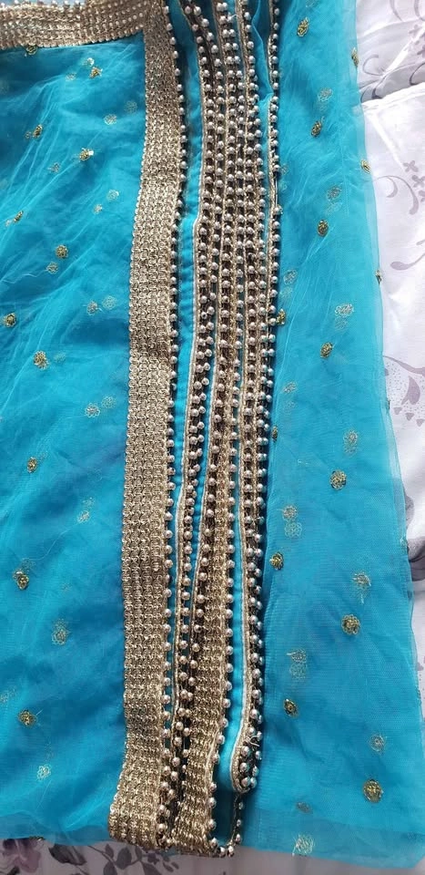 Blue Net Dupatta with Golden Sequin Embroidery - photo 4