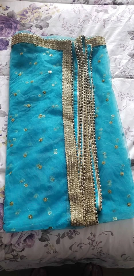 Blue Net Dupatta with Golden Sequin Embroidery - photo 5