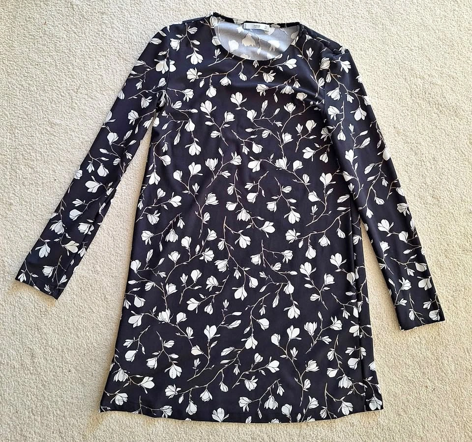 Mango Black Floral Shift Dress with Cream Blossom Print