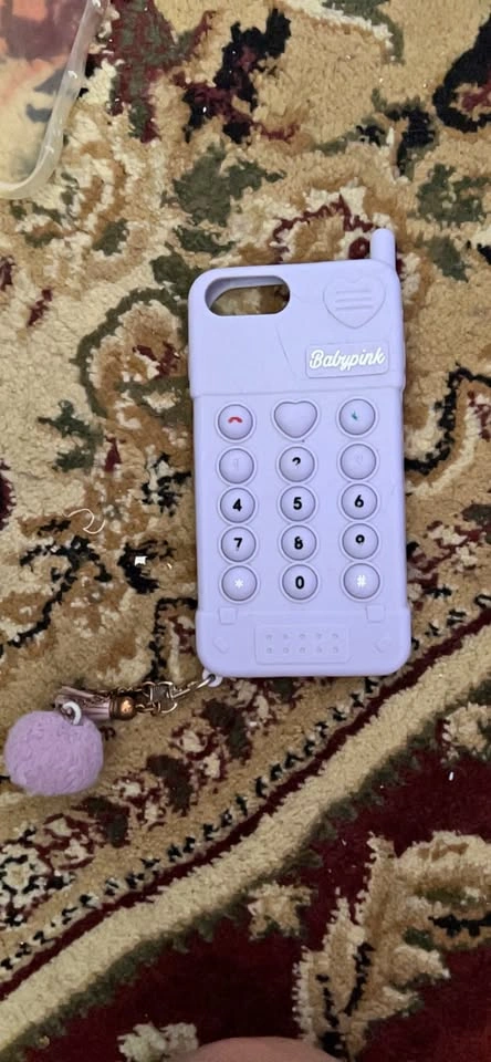 Purple Babypink Retro Push Button Phone Case with Pom Pom