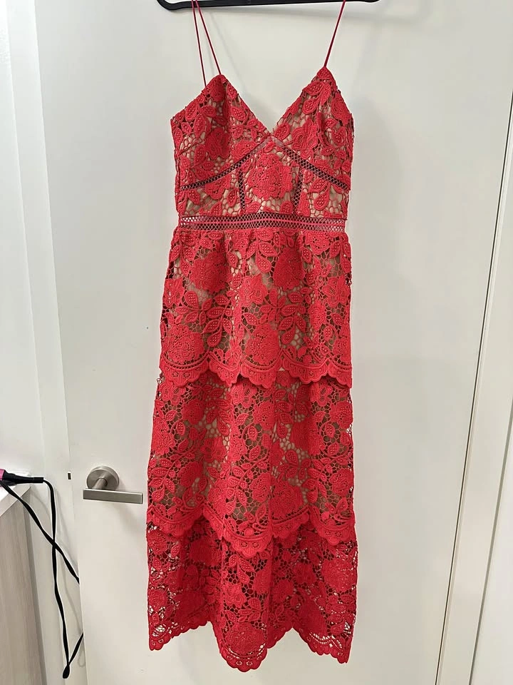 Self-Portrait Coral Red Guipure Lace Midi Dress