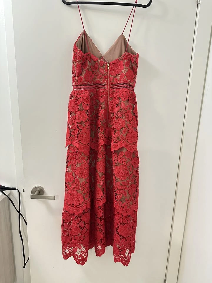 Self-Portrait Coral Red Guipure Lace Midi Dress - photo 2