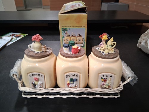 Two Sets of 3pc Airtight Jars with Decorative Polyestone Lids