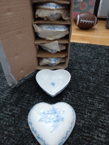 Five vintage heart shaped porcelain trinket boxes