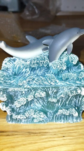 Three Dolphin Wave Resin Rectangular Trinket Box
