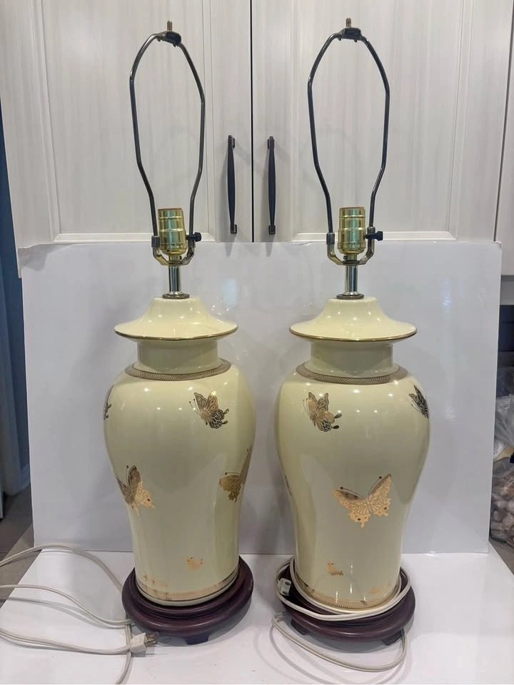 Vintage pair Asian porcelain butterfly table lamps