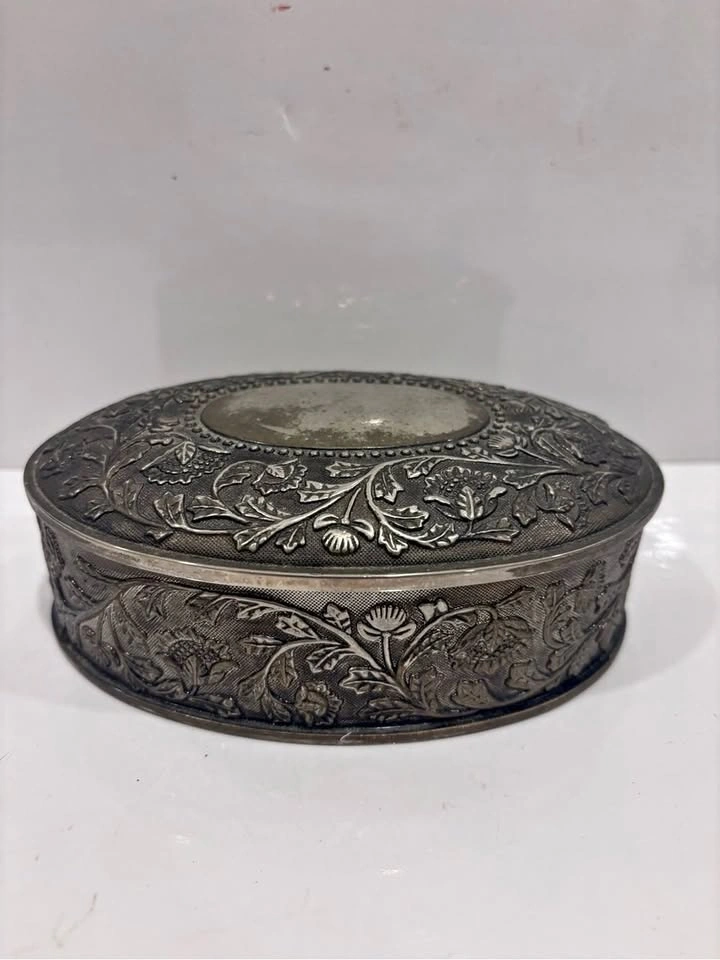 Vintage silver plate oval jewellery trinket box embossed floral