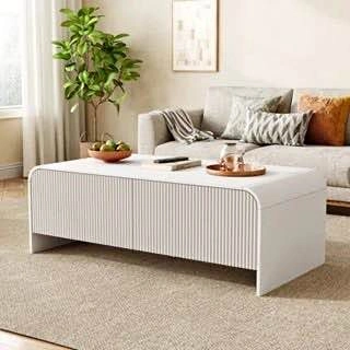 NEW Latitude Run Curved Wooden Coffee Table | Modern White Stora