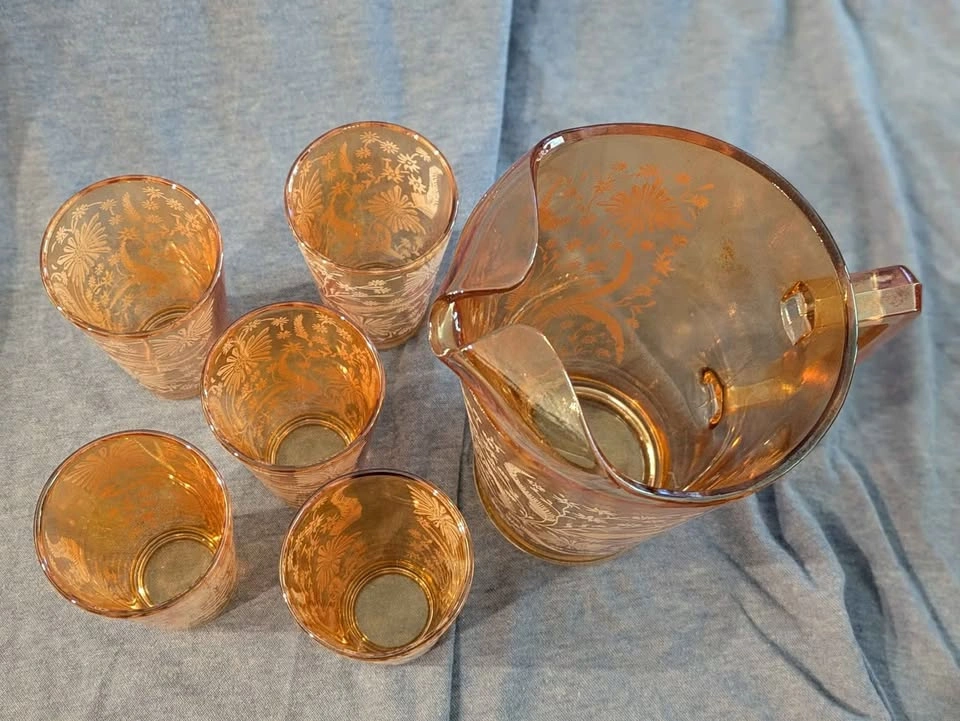 Vintage carnival glass pitcher and cups - photo 3