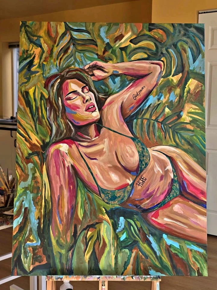 ACRYLIC PAINTING WOMAN KAROL G NATURE PLANTS