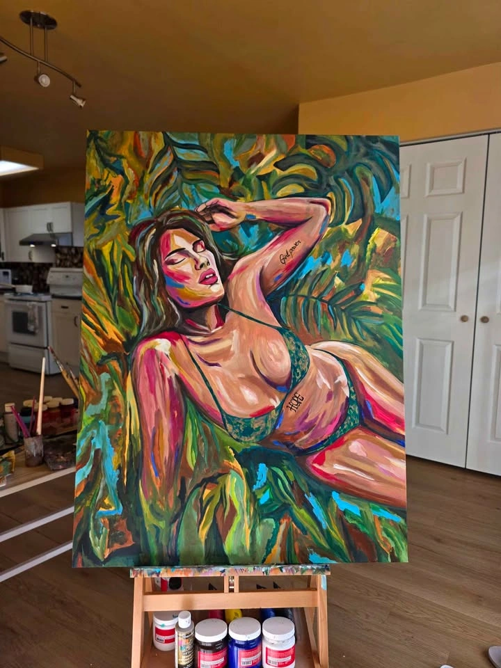 ACRYLIC PAINTING WOMAN KAROL G NATURE PLANTS - photo 2