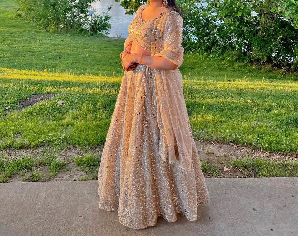 Elegant Nude Mirror Work Indian Lehenga – Worn Once