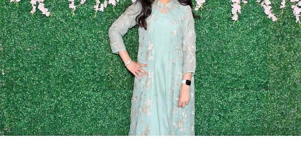 Sky Light Blue Modern Indo-Western Dress with Floral Net Jacket