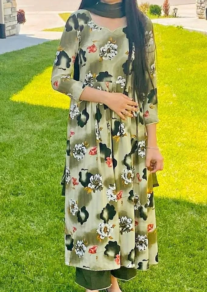 2 Beautiful Floral Printed Frock Suit- Green & Pink Casual Wear