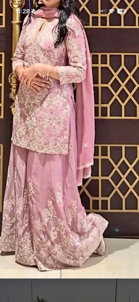 Beautiful Pink & Green Sharara Suit Set – Elegant White Thread W