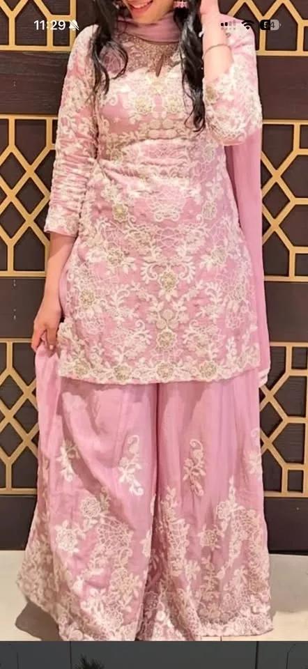 Beautiful Pink & Green Sharara Suit Set – Elegant White Thread W - photo 4