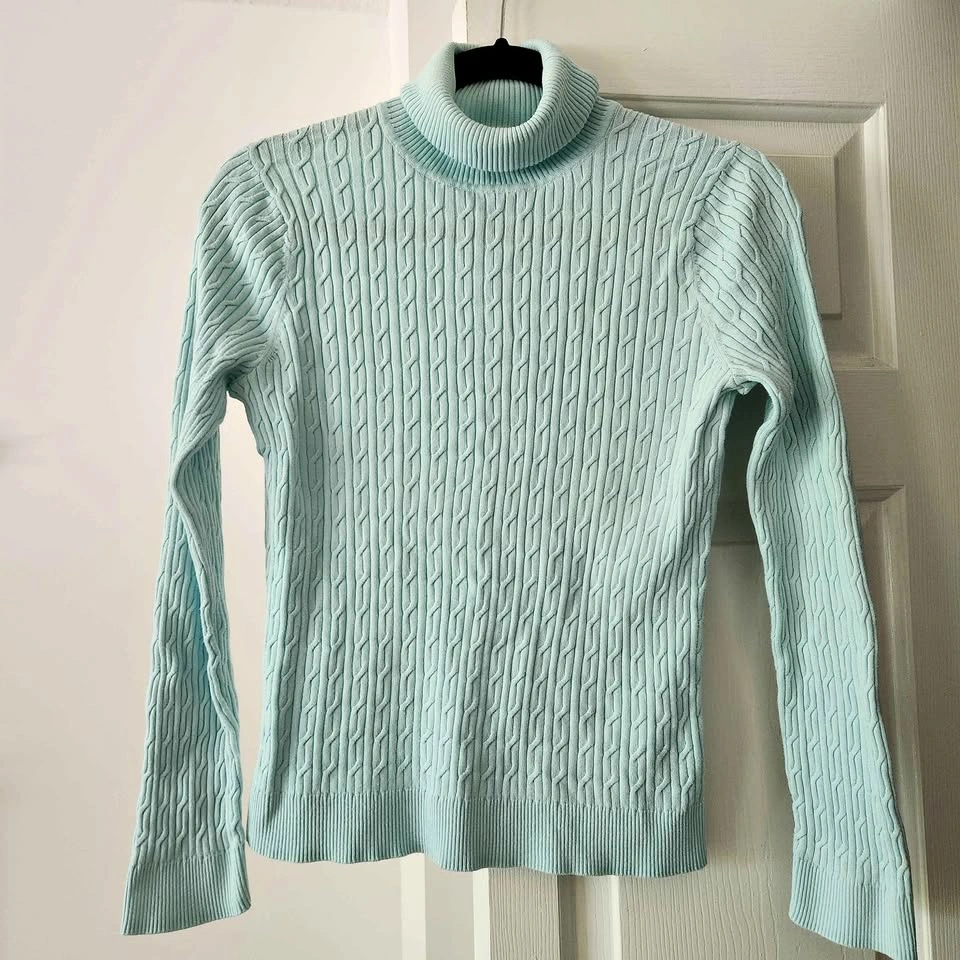 100% Pima Cotton Cable Turtleneck Sweater Light Blue