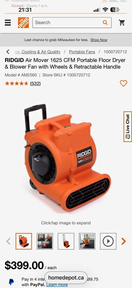RIDGID Air Mover 1625 CFM Portable Floor Dryer & Blower Fan