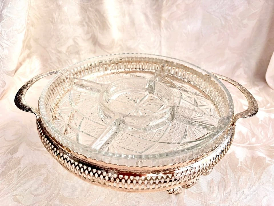 Vintage Glass Relish Tray with Gold-tone Metal Handle
