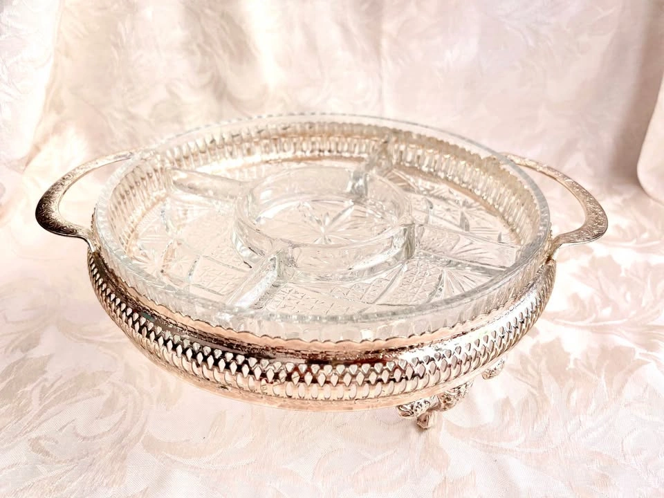 Vintage Glass Relish Tray with Gold-tone Metal Handle - photo 2