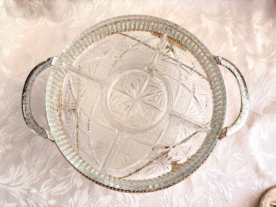 Vintage Glass Relish Tray with Gold-tone Metal Handle - photo 3