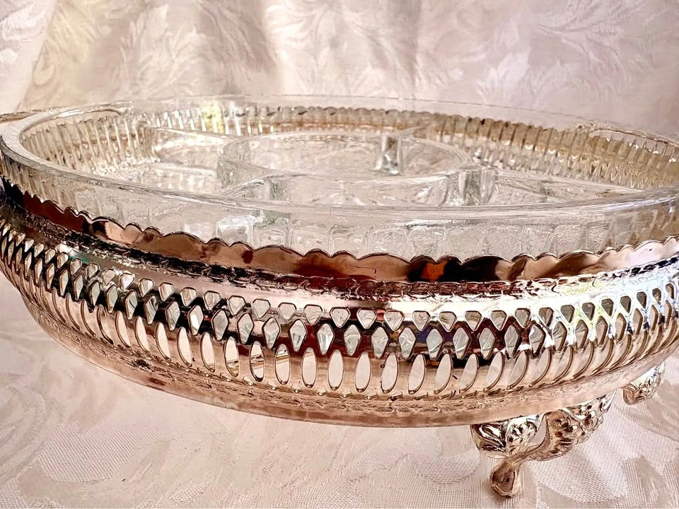 Vintage Glass Relish Tray with Gold-tone Metal Handle - photo 4