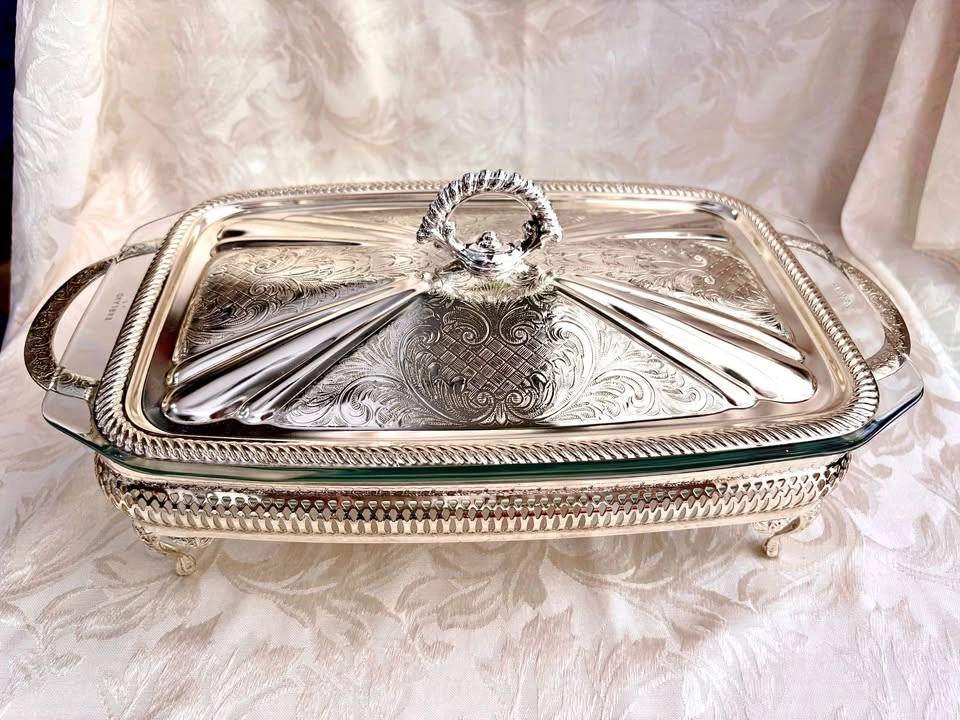Vintage Gold-tone Silver-plated Chafing Dish with Pyrex Insert