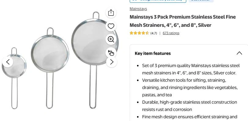 Mainstays 3 Pack Premium Stainless Steel Fine Mesh Strainers - photo 2