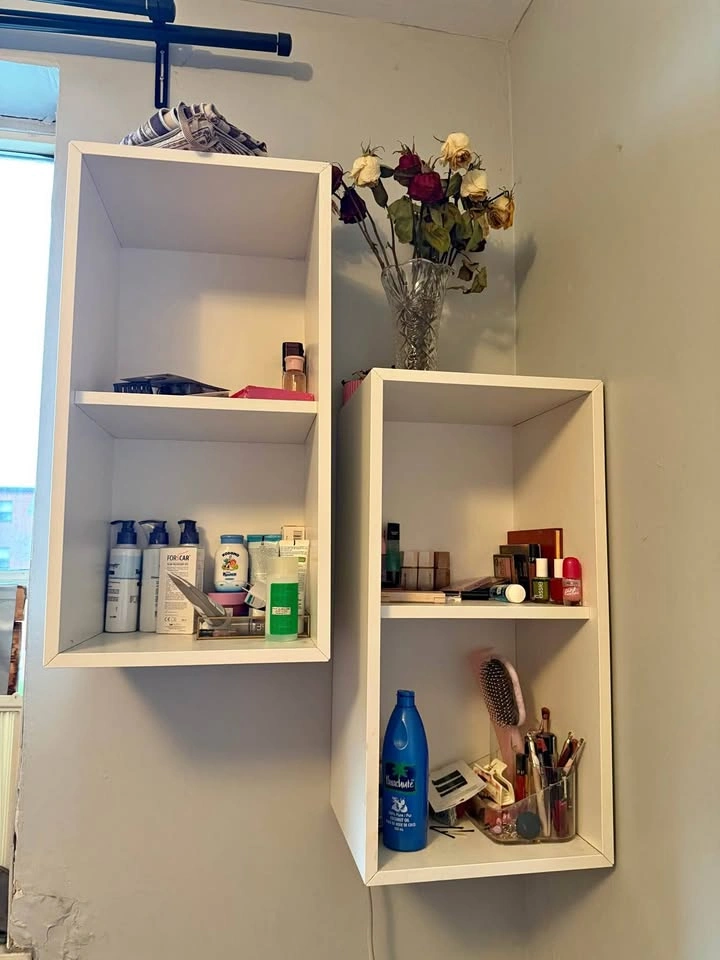 Pair of IKEA White Wall Shelves + Mounting Rails
