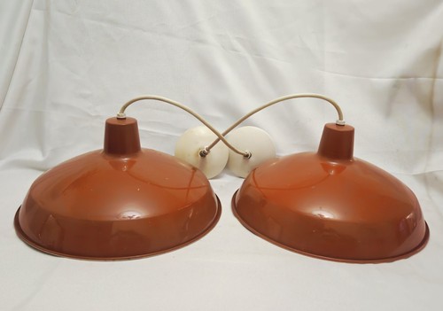Industrial Dome Orange Pendant Light Fixtures - Pair