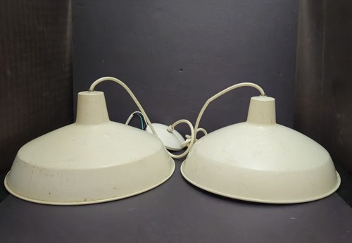 1980s Pair of Industrial Dome Pendant Light Fixtures - White