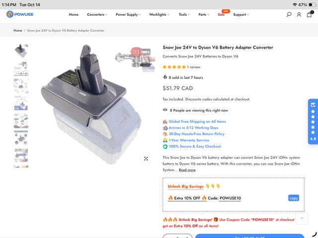 Dyson V6 Snow Joe Battery Adapter