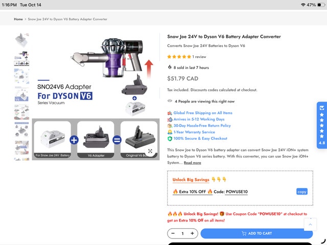 Dyson V6 Snow Joe Battery Adapter - photo 2