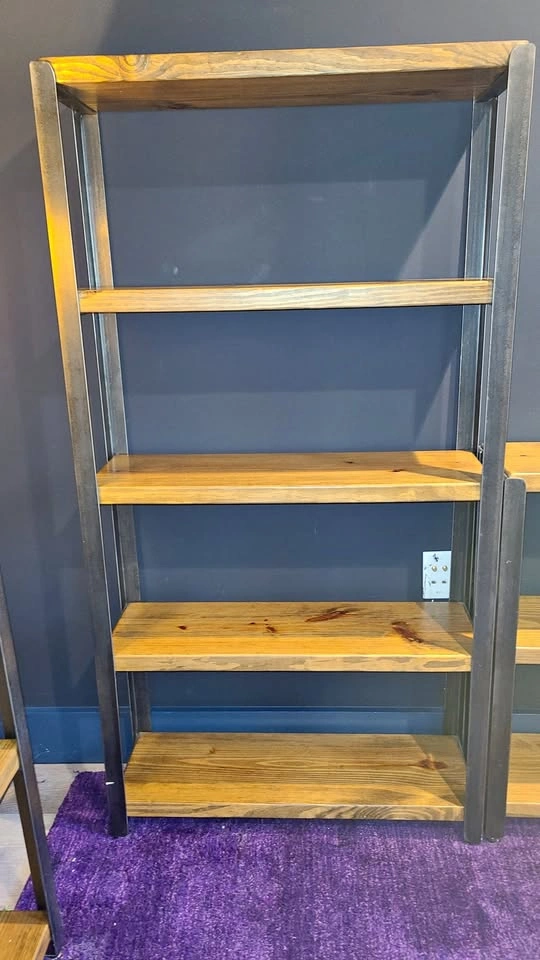 Solid reclaimed finished oak bookshelf with iron frame
