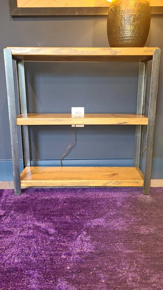 Solid reclaimed finished oak bookshelf with iron frame