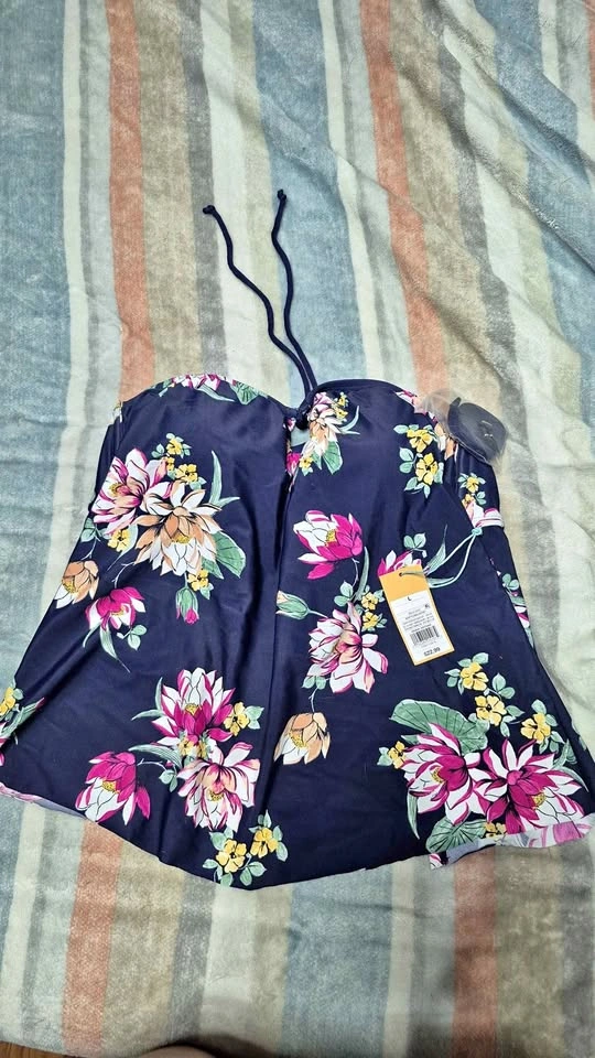 Kona Sol Navy Floral Tankini Swim Top Size L