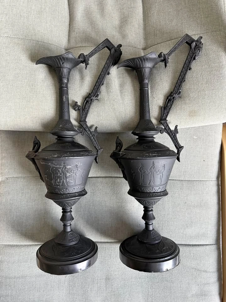 Pair of Antique 19th C. Egyptian Revival Cast Iron Ewers