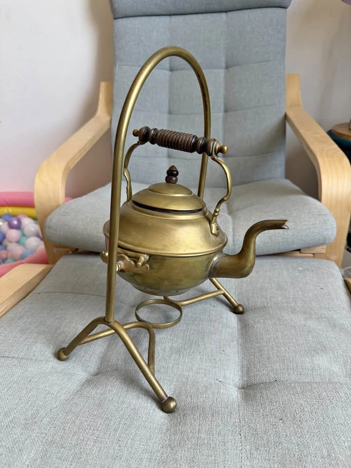 Vintage Antique Brass Tilting Tea Kettle on Stand