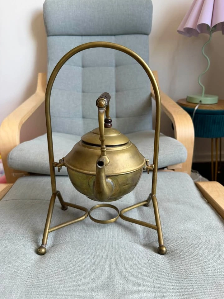 Vintage Antique Brass Tilting Tea Kettle on Stand - photo 2
